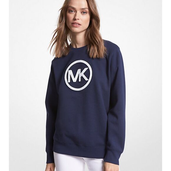 Michael Kors Midnight Blue & Gray Logo Charm Cotton Blend Sweatshirt Medium NWT - Picture 1 of 8